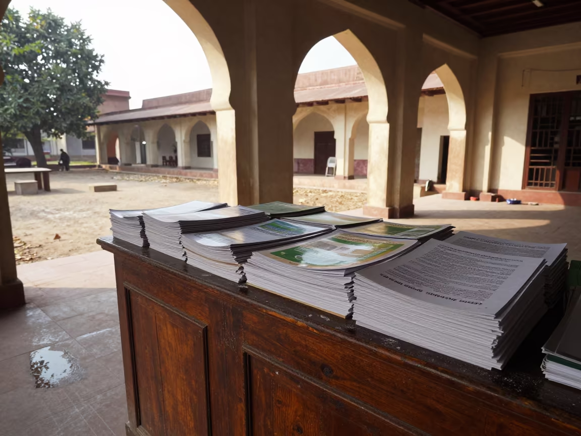 Course Packets on Bookstore Counter Under Cloister in beneath a university cloister in Moradabad