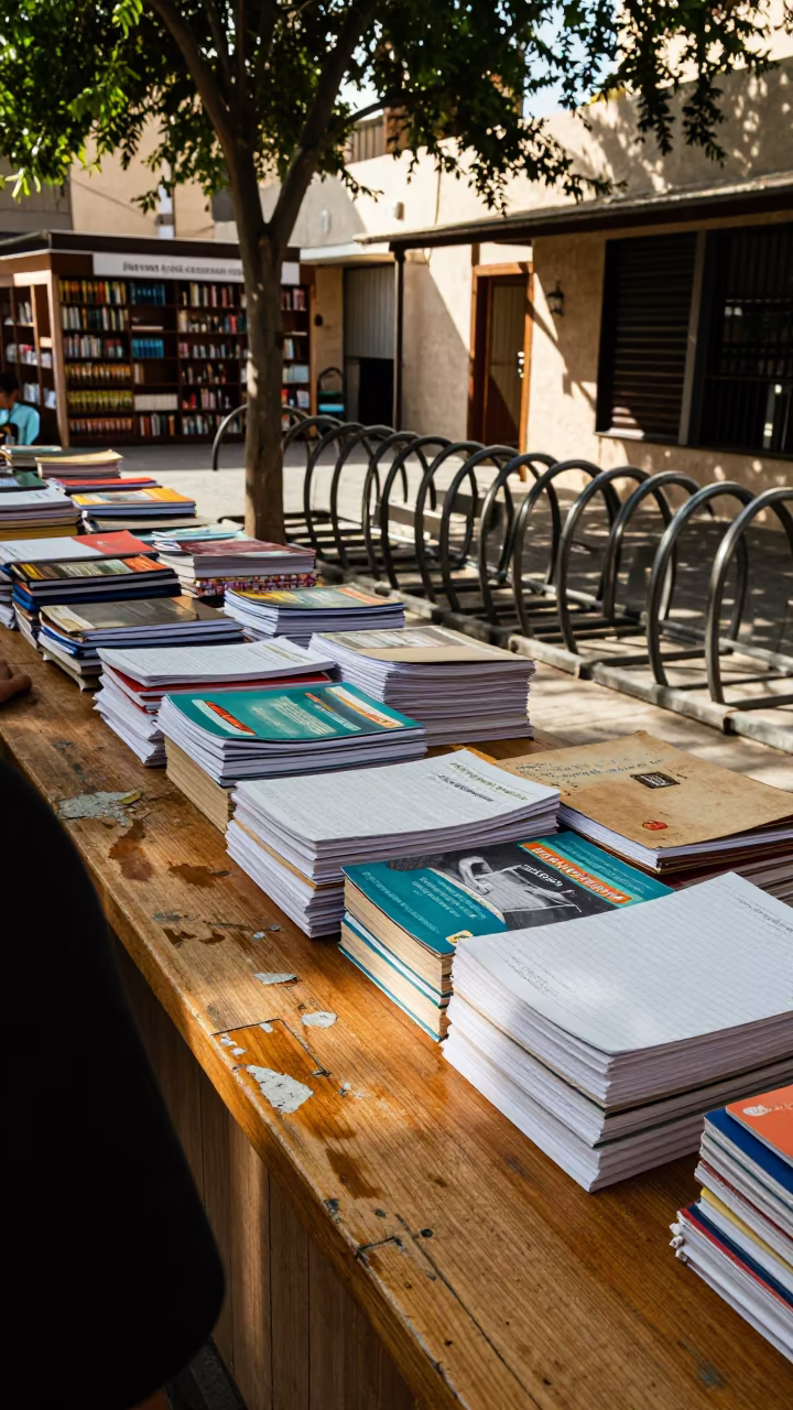 Course Packets Stacked on Bookstore Counter at Dawn in beside campus bike racks at dawn in Gold Souk, Dubai