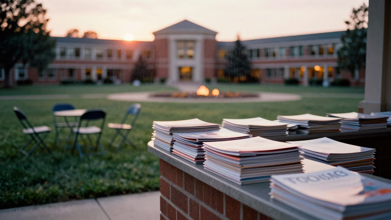 Course Packets on Graduation Lawn at Sunset in on a graduation lawn under folding chairs near Grand-Zattry