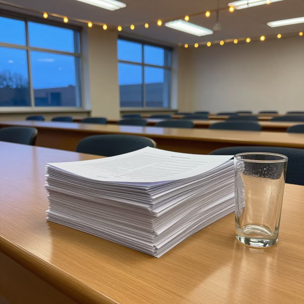 Course Packets on Lecture Table in Blue Evening Light in in a lecture hall before the crowd arrives in Ezeiza