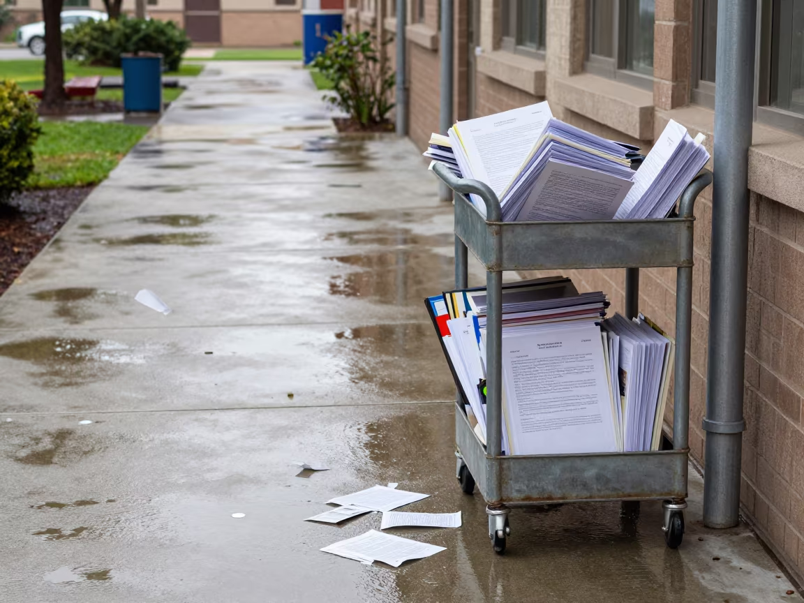 Course Packets Slide from Cart on Monrovia Walkway in along a schoolyard walkway in Monrovia