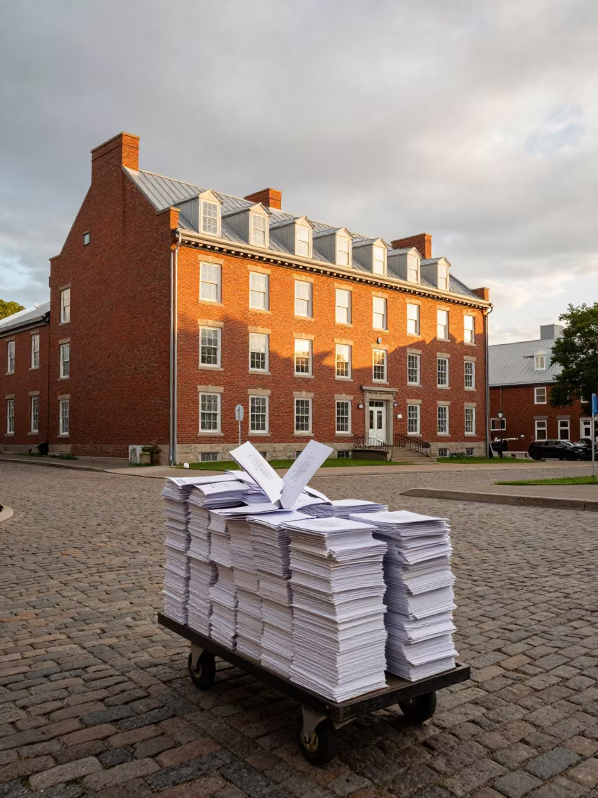 Course Packets Slide From Cart in outside a brick lecture building in Old Quebec, Quebec City