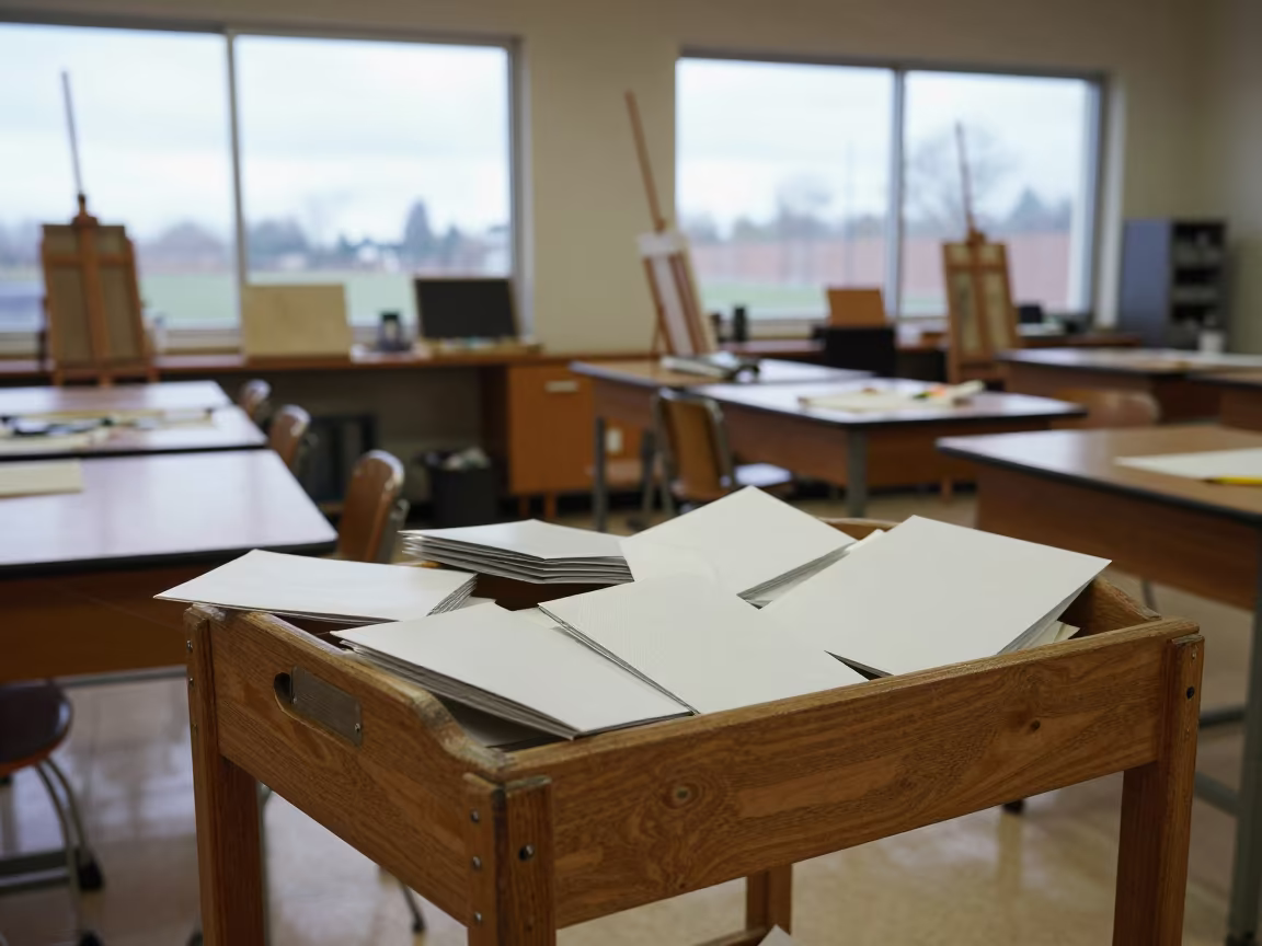 Course packets slide from professor cart in art room in inside an art classroom in Escuintla