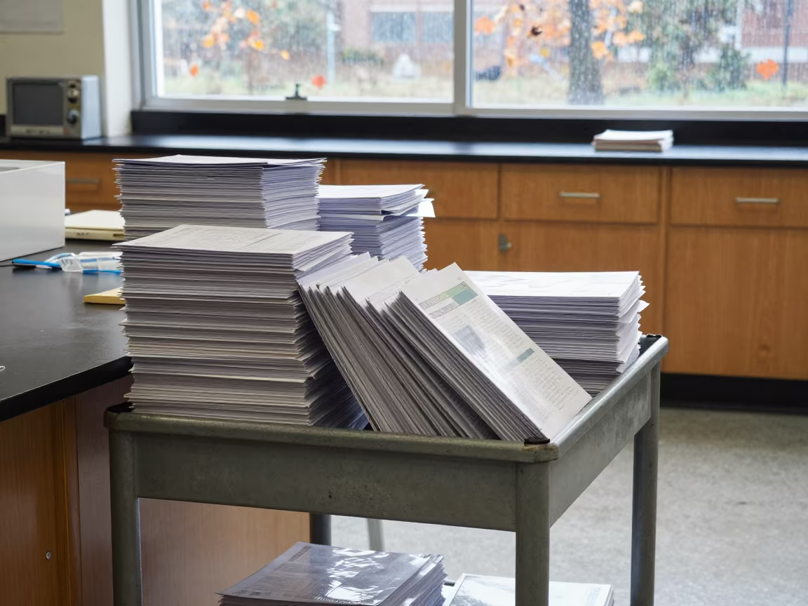 Course packets sliding off crowded professor cart in in a school laboratory in Rosario
