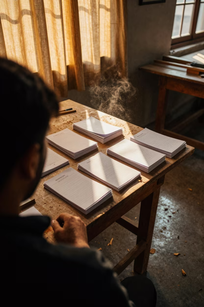 Course Packets on Woodshop Table in Jhelum in in a woodshop classroom near Jhelum
