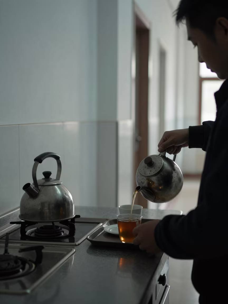 Courthouse Kitchen Pouring Tea for Late Civic Meeting in in a courthouse corridor in Kosti