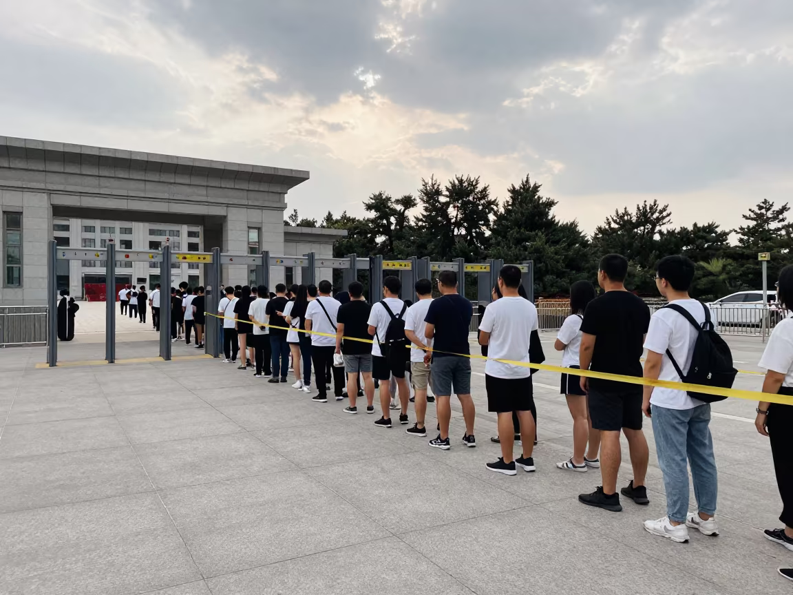 Courthouse Metal Detector Queue Early Morning in along barricaded protest routes in Beijing