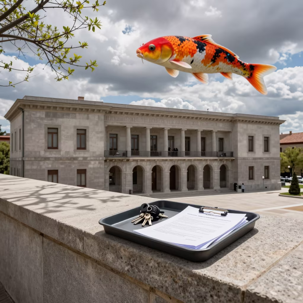 Courthouse Tray Keys Belts Petitions Koi Balloon in beneath government building floodlights in Valladolid