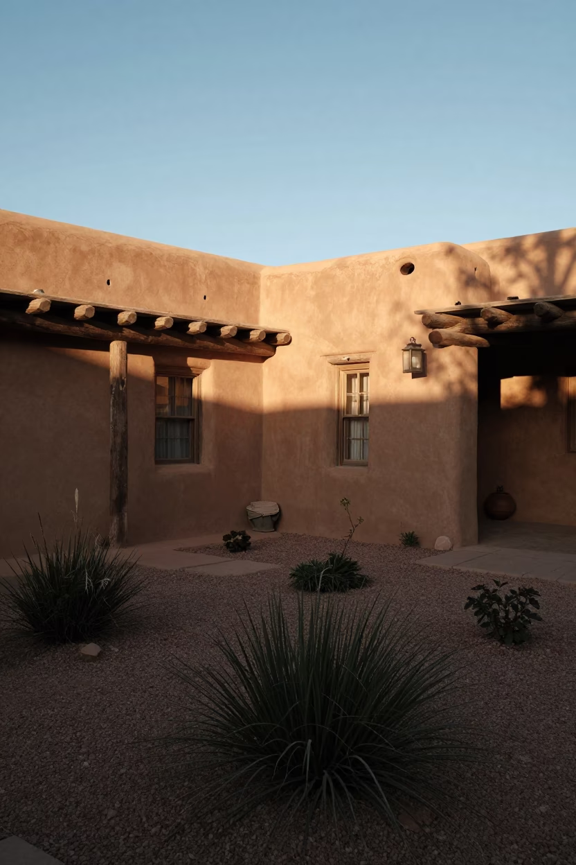 Courtyard Garden at As First Light Reaches The Scene in Santa Fe in in Santa Fe, New Mexico, United States