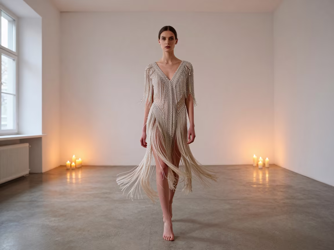 Couture Atelier Dawn Beaded Fringe Runway Rehearsal in inside a couture atelier in Almaty