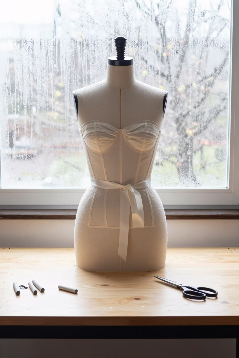 Couture Bodice Cups Silk Ribbon Tailoring Table in at a tailoring table strewn with chalk and shears near Oran