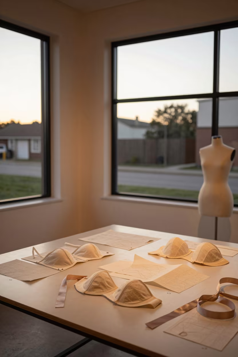 Couture Bodice Cups and Silk Ribbons in Plymouth Showroom in inside a minimalist showroom near Plymouth