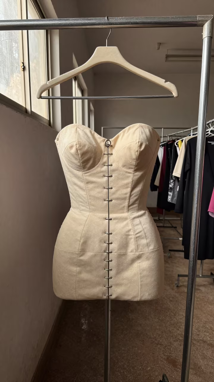 Couture Bodice Exposed Boning Backstage Koudougou in in a backstage changing corridor in Koudougou