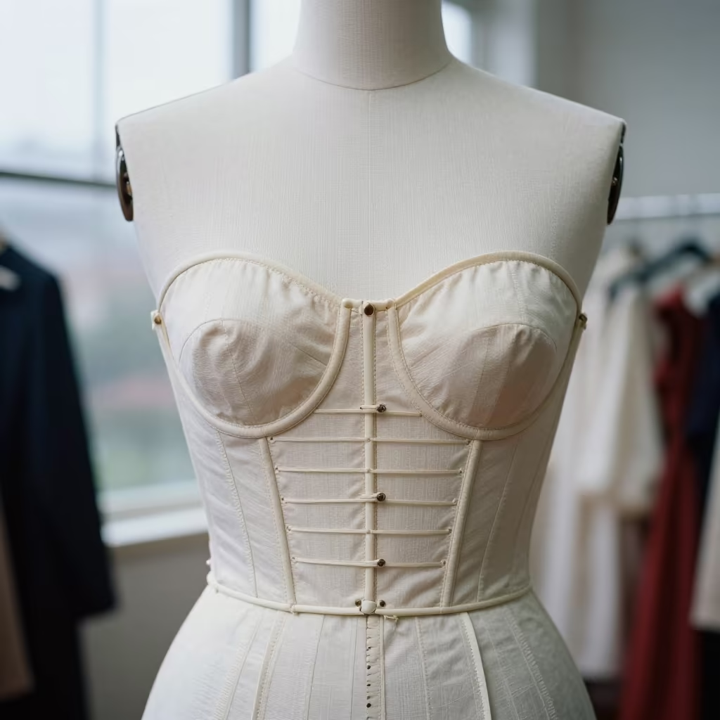 Couture Bodice Exposed Boning Runway in under runway rehearsal lights in Boconó