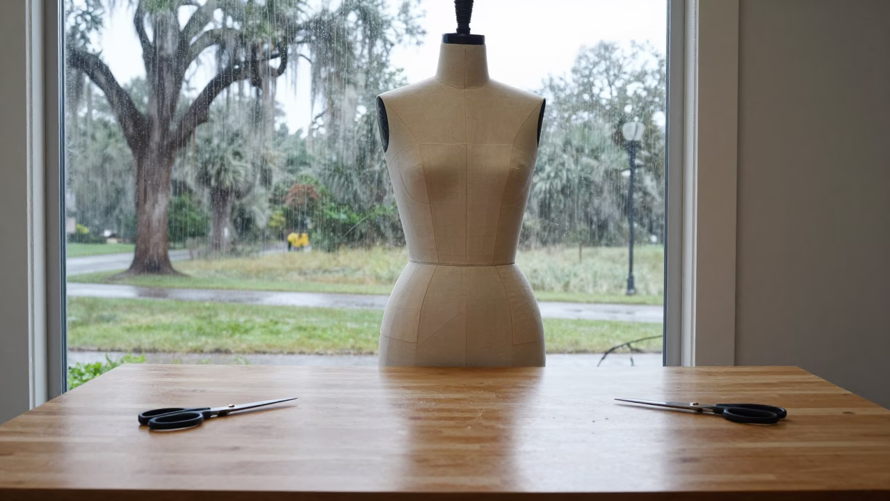 Couture Bodice Exposed Boning Tailoring Table in at a tailoring table strewn with chalk and shears near Jacksonville