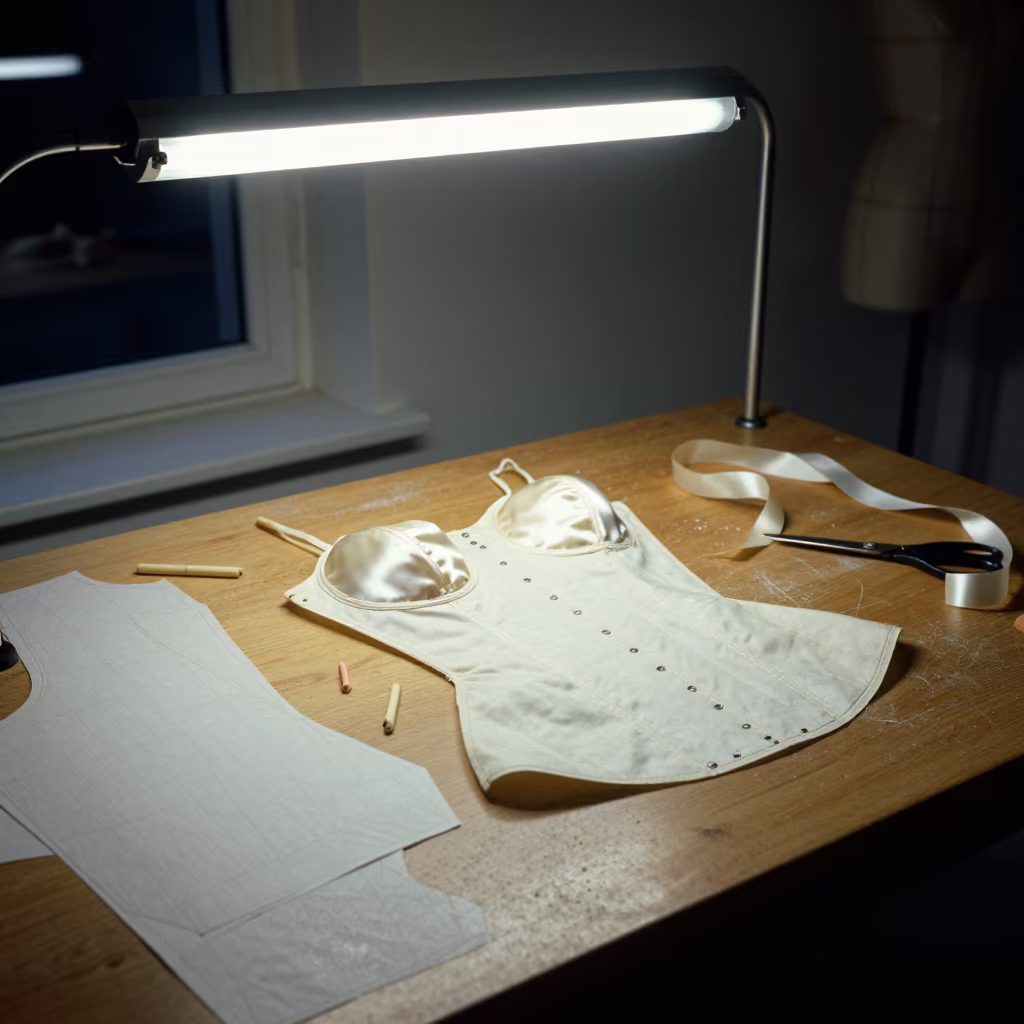Couture Bodice and Patterns on Tailoring Table in at a tailoring table strewn with chalk and shears in Hisar