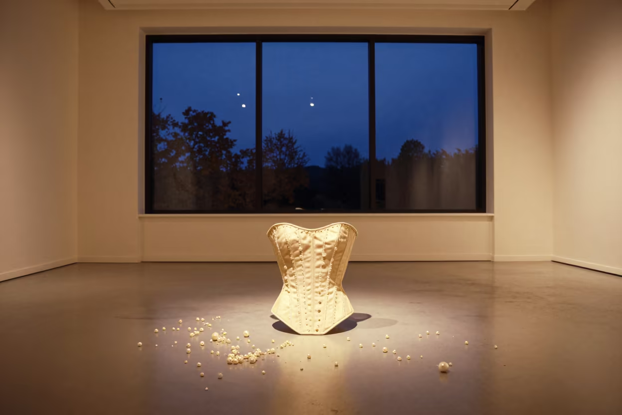 Couture Bodice and Pearls Under Tungsten Light in inside a minimalist showroom near Anyang
