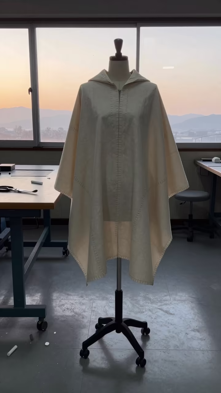 Couture Cape Blind Stitches Hiroshima Atelier in at a tailoring table strewn with chalk and shears in Hiroshima