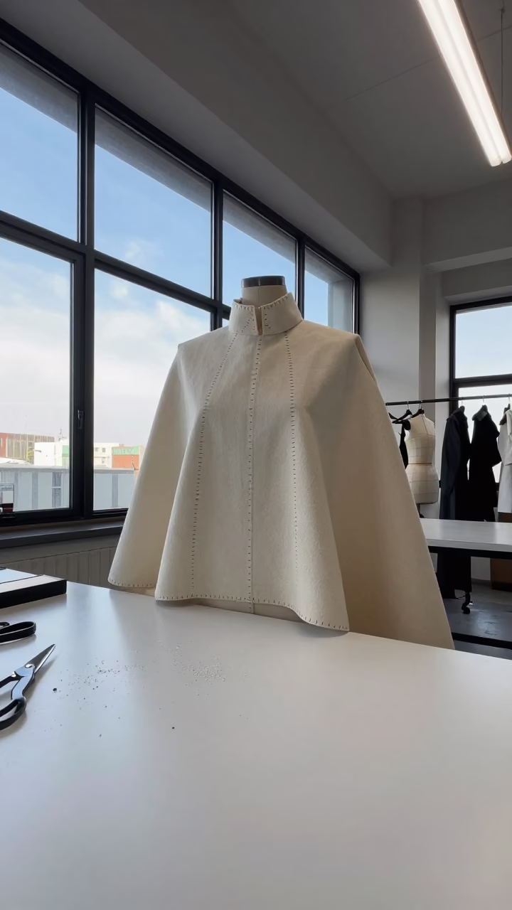 Couture Cape with Blind Stitches on Tailoring Table in at a tailoring table strewn with chalk and shears in Maturín
