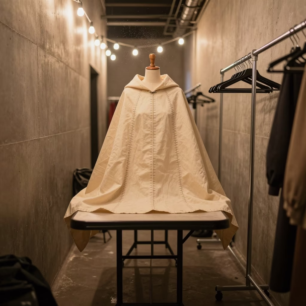 Couture Cape Hand-Stitched in Gothenburg Atelier in in a backstage changing corridor in Gothenburg