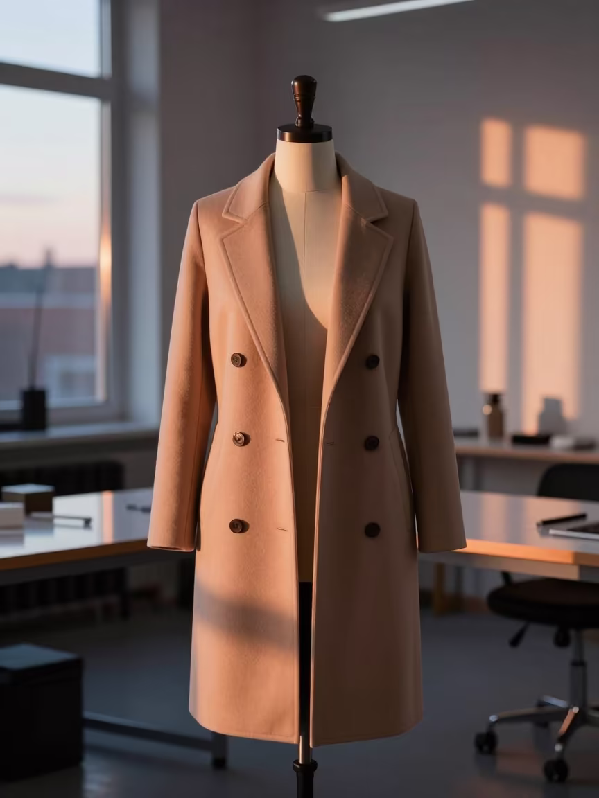 Couture Coat On Dress Form Before Dusk in under runway rehearsal lights in Gothenburg