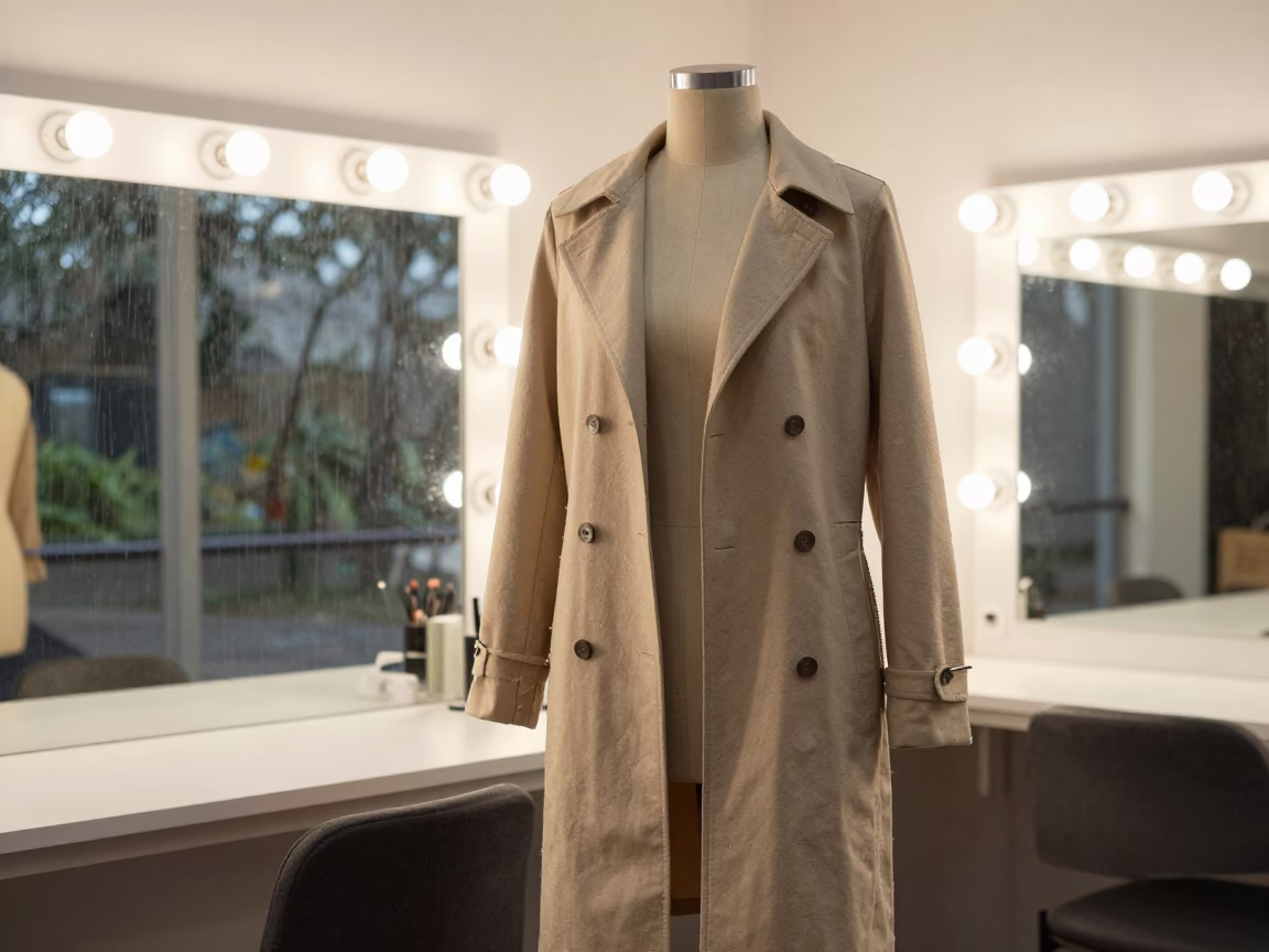 Couture Coat on Dress Form Natal Atelier in beside a mirror lined with makeup bulbs in Natal