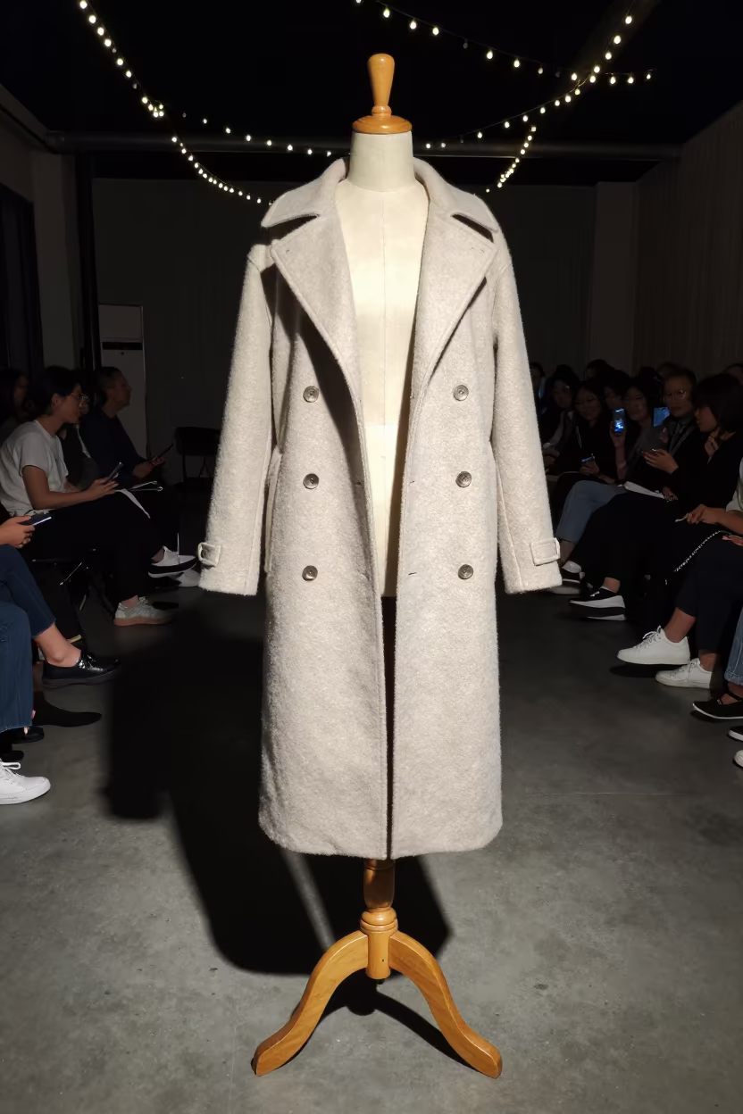 Couture Coat Open on Dress Form in under runway rehearsal lights in Taichung