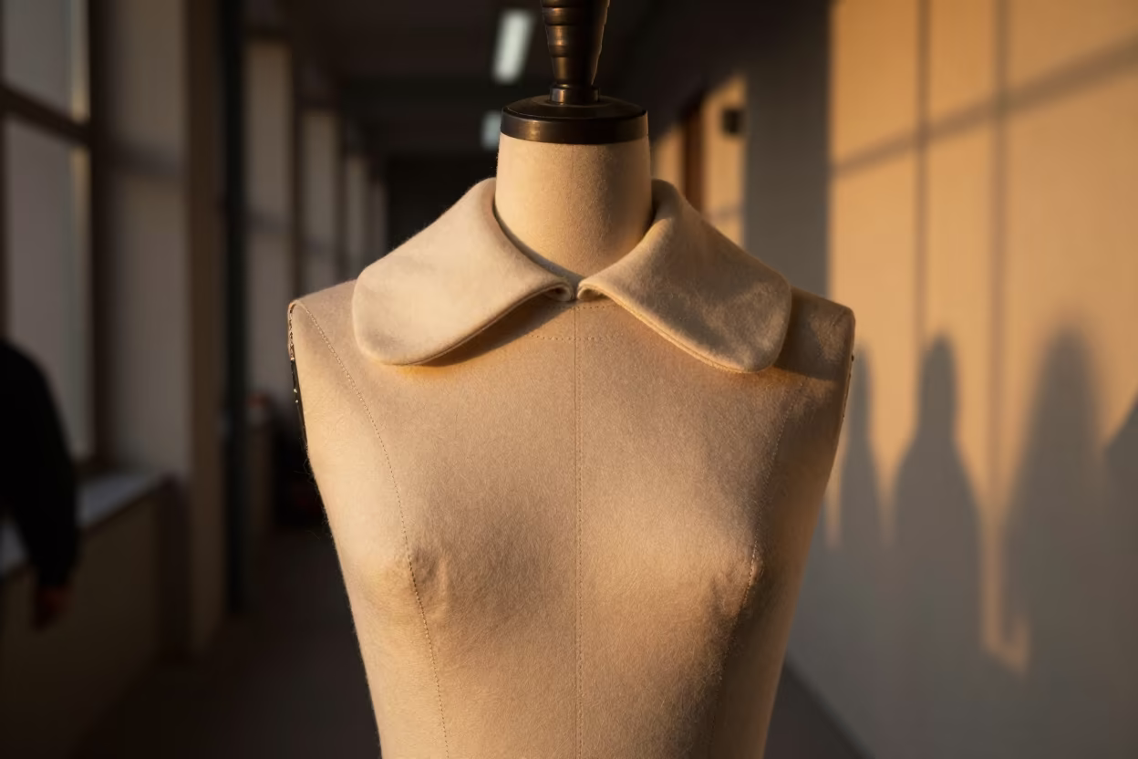 Couture Collar Pad Stitched Under Lamp in in a backstage changing corridor in Chistye Prudy, Moscow