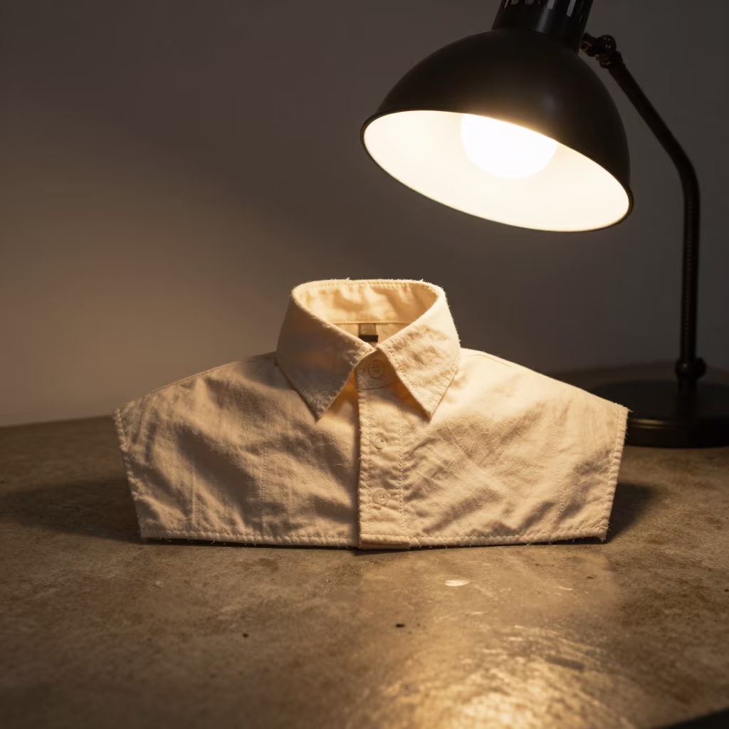 Couture Collar Pad-Stitched Under Sunset Atelier Light in inside a minimalist showroom in Vadodara