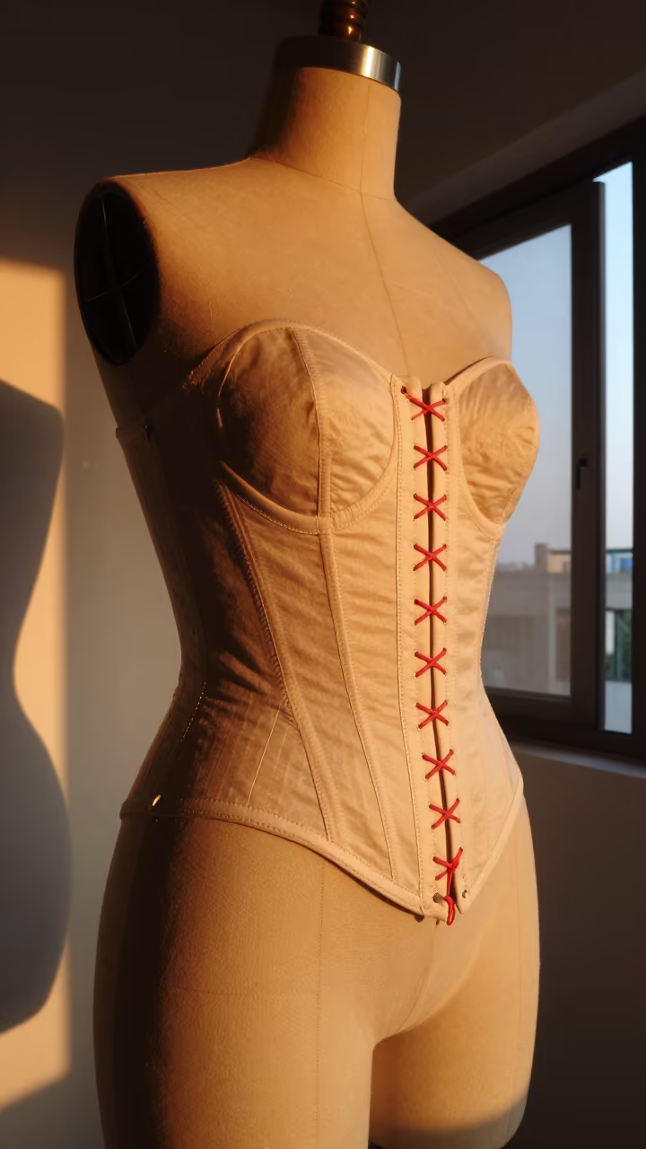 Couture Corset Toile on Dress Form in under runway rehearsal lights in Barishal