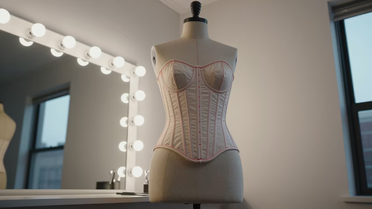 Couture Corset Toile on Dress Form in beside a mirror lined with makeup bulbs in Milwaukee