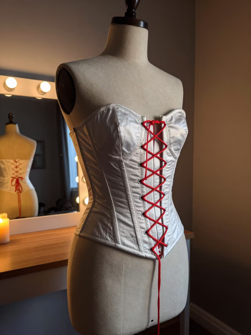 Couture Corset Toile Red Thread Calgary Mirror in beside a mirror lined with makeup bulbs near Calgary