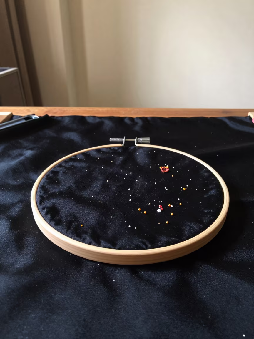 Couture Embroidery Hoop and Beads on Satin in inside a couture atelier near Sylhet