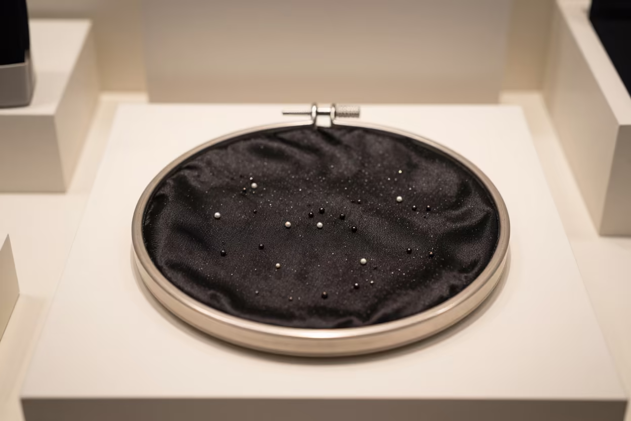 Couture Embroidery Hoop on Black Satin in inside a minimalist showroom in São Paulo