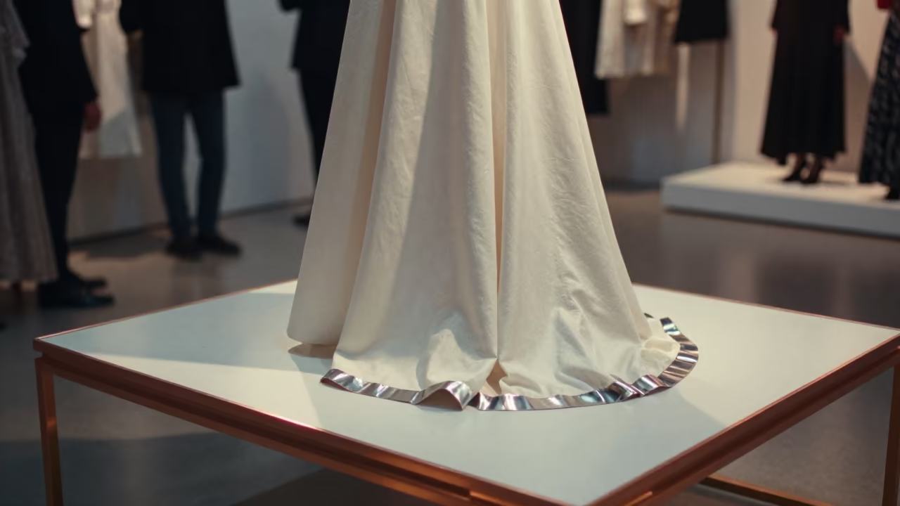 Couture Hem Lead Weight on Table in inside a minimalist showroom in Quevedo