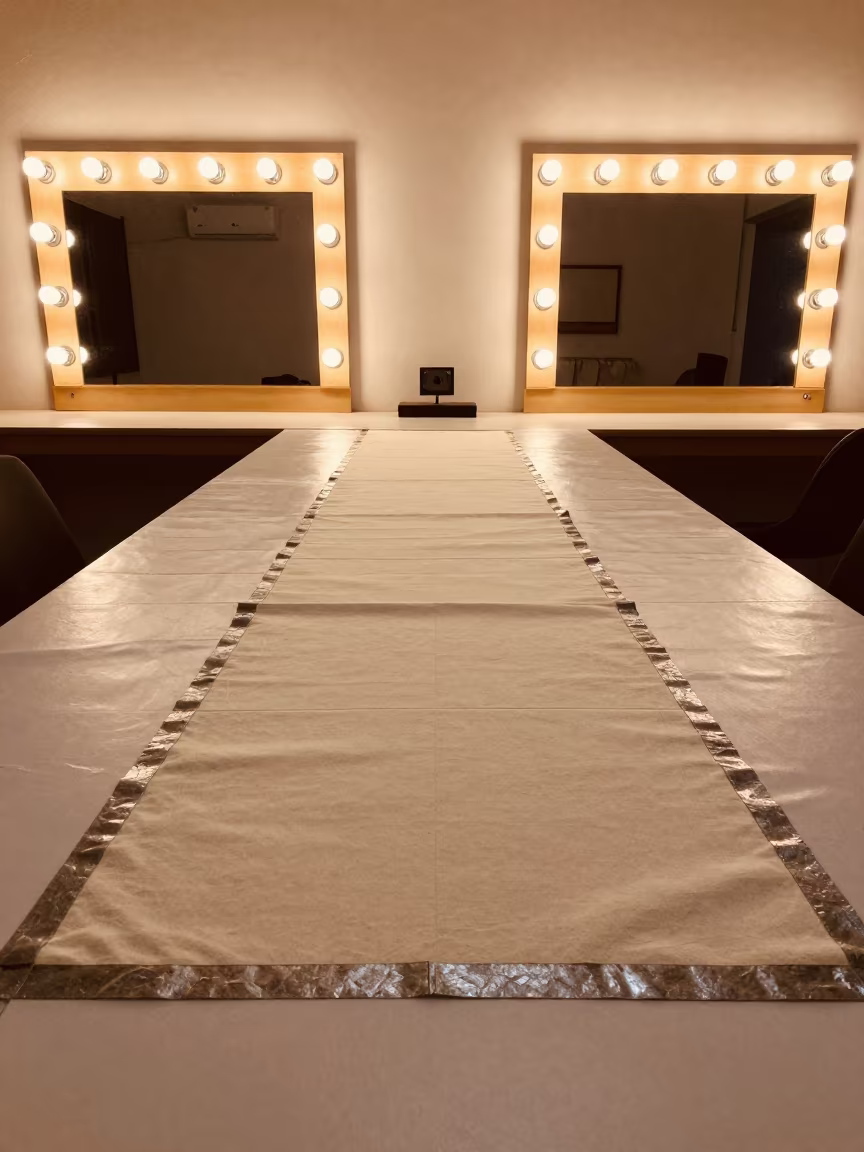 Couture Hem Weighted Lead Tape on Atelier Table in beside a mirror lined with makeup bulbs in Nelspruit