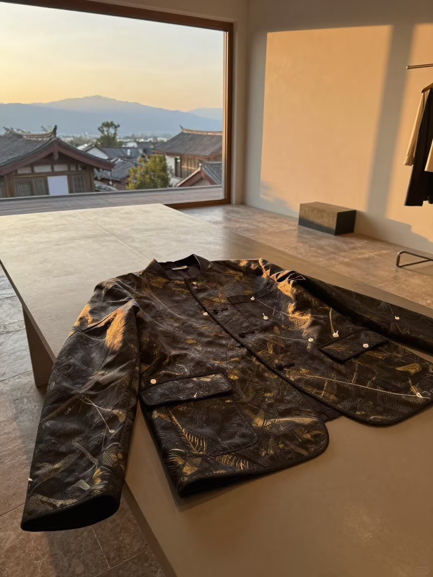 Couture Jacket Flat Lay in Lijiang Showroom in inside a minimalist showroom near Lijiang