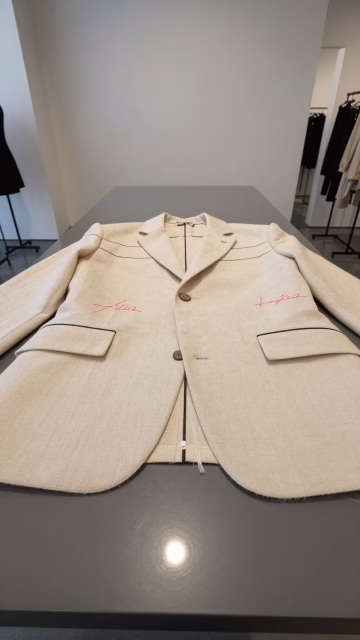 Couture Jacket Toile with Balance Lines in inside a minimalist showroom near Spokane