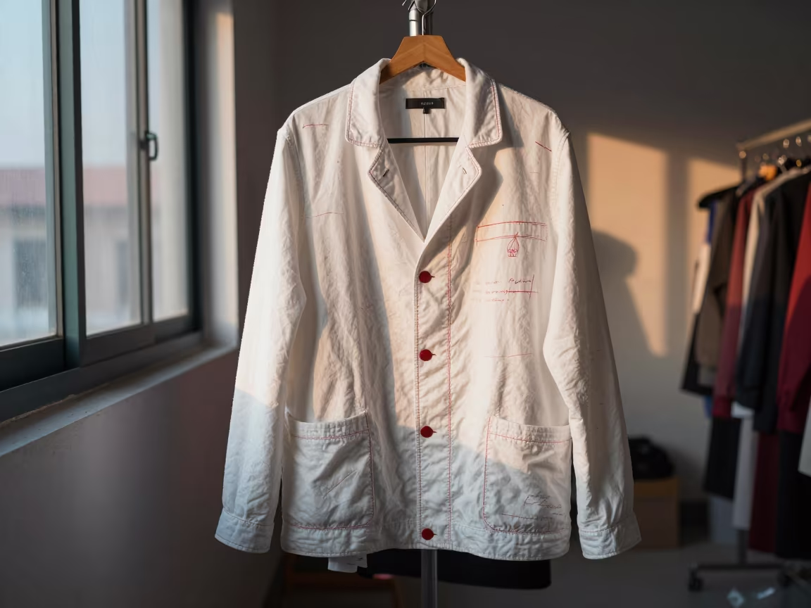 Couture Jacket Toile with Red Marks in Imphal in in a backstage changing corridor in Imphal