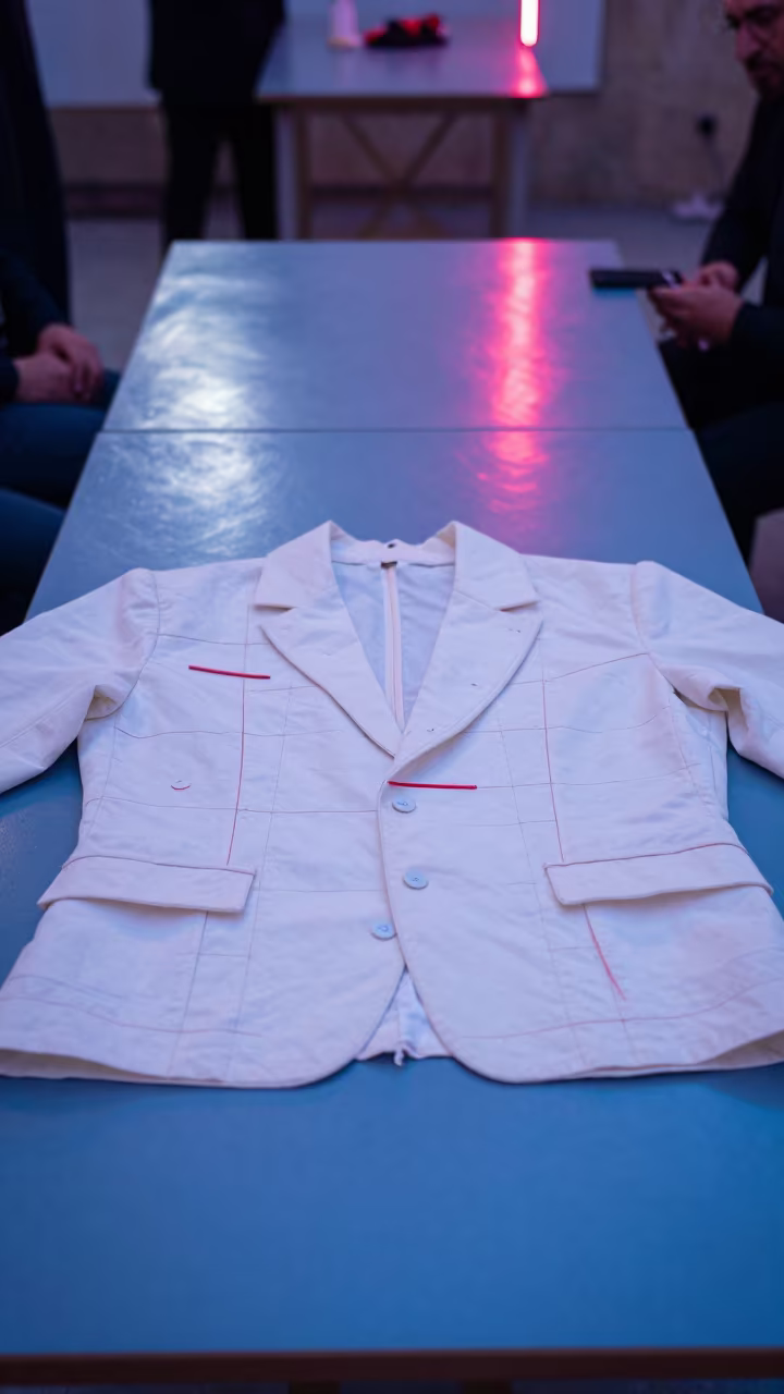 Couture Jacket Toile with Red Notes in Sana'a in under runway rehearsal lights in Sana'a