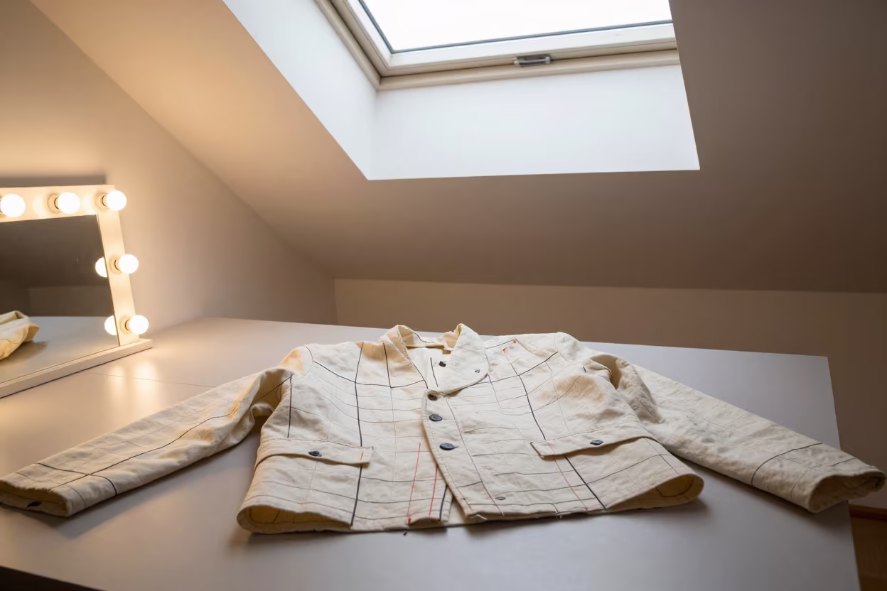 Couture Jacket Toile with Red Notes in beside a mirror lined with makeup bulbs near Tolyatti