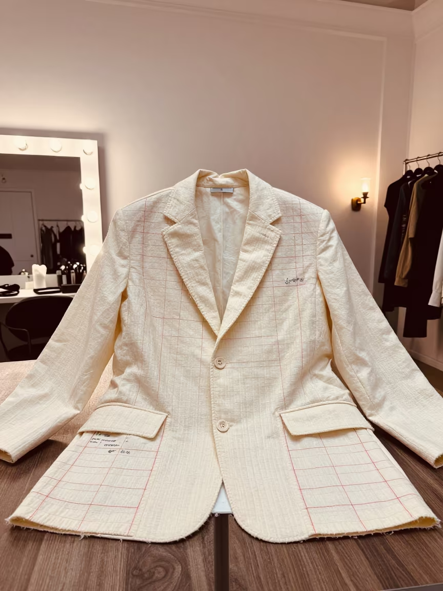 Couture Jacket Toile with Red Pencil Notes Beside Mirror in beside a mirror lined with makeup bulbs near London