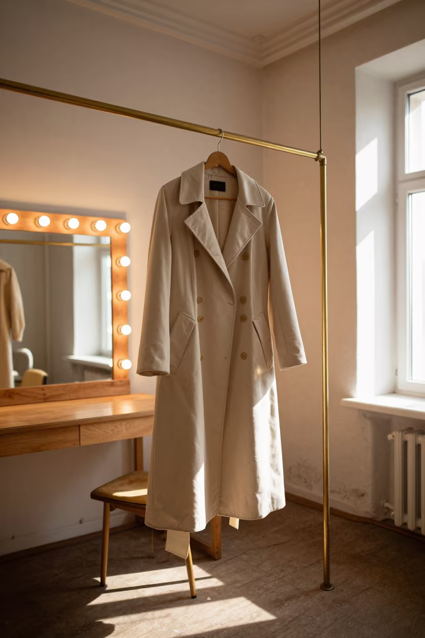 Couture Opera Coat on Brass Rail in beside a mirror lined with makeup bulbs near Irkutsk