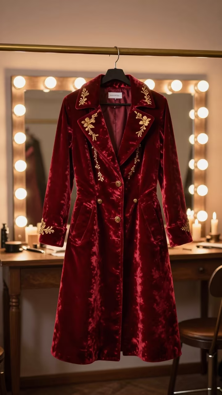 Couture Opera Coat on Brass Rail in Samsun Atelier in beside a mirror lined with makeup bulbs in Samsun