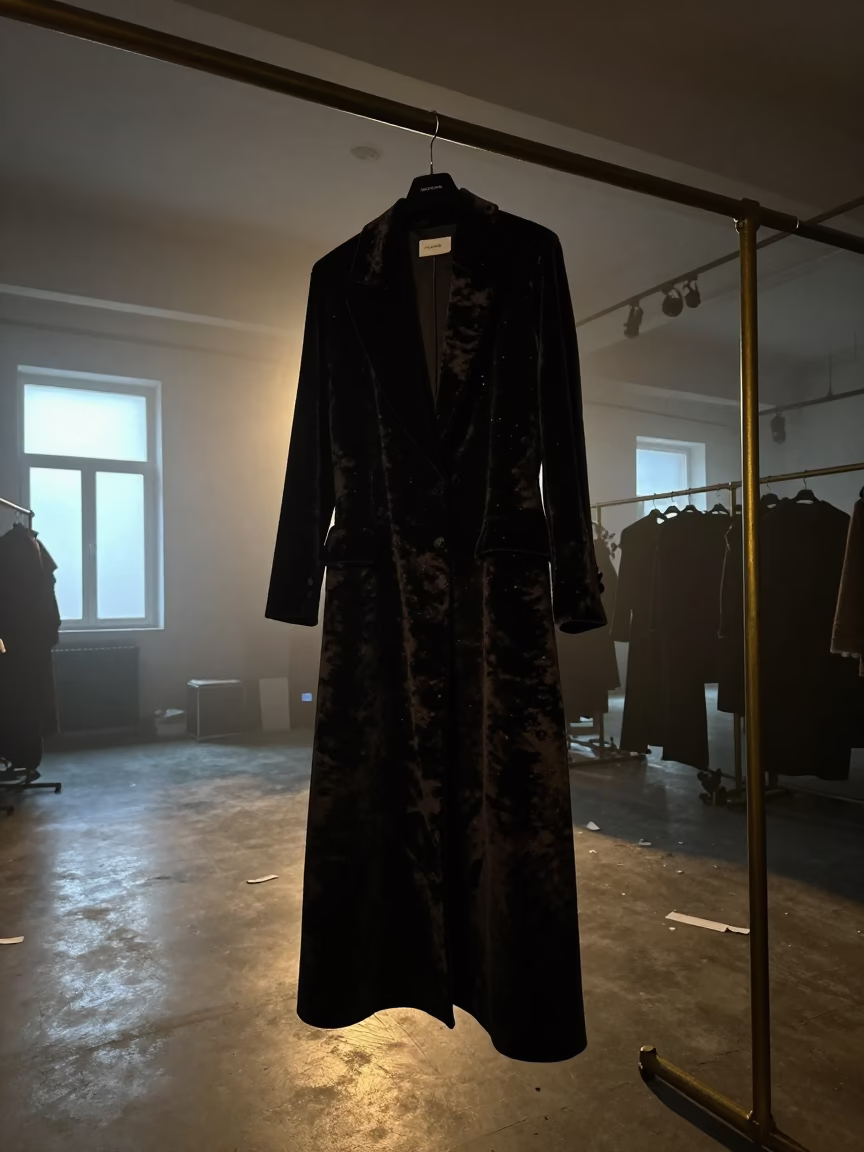 Couture Opera Coat on Brass Rail in Tete Atelier in under runway rehearsal lights in Tete