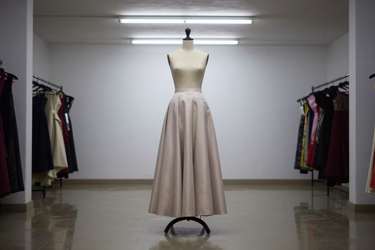 Couture Overskirt Bell on Dress Form Midnight Mbale in inside a minimalist showroom in Mbale