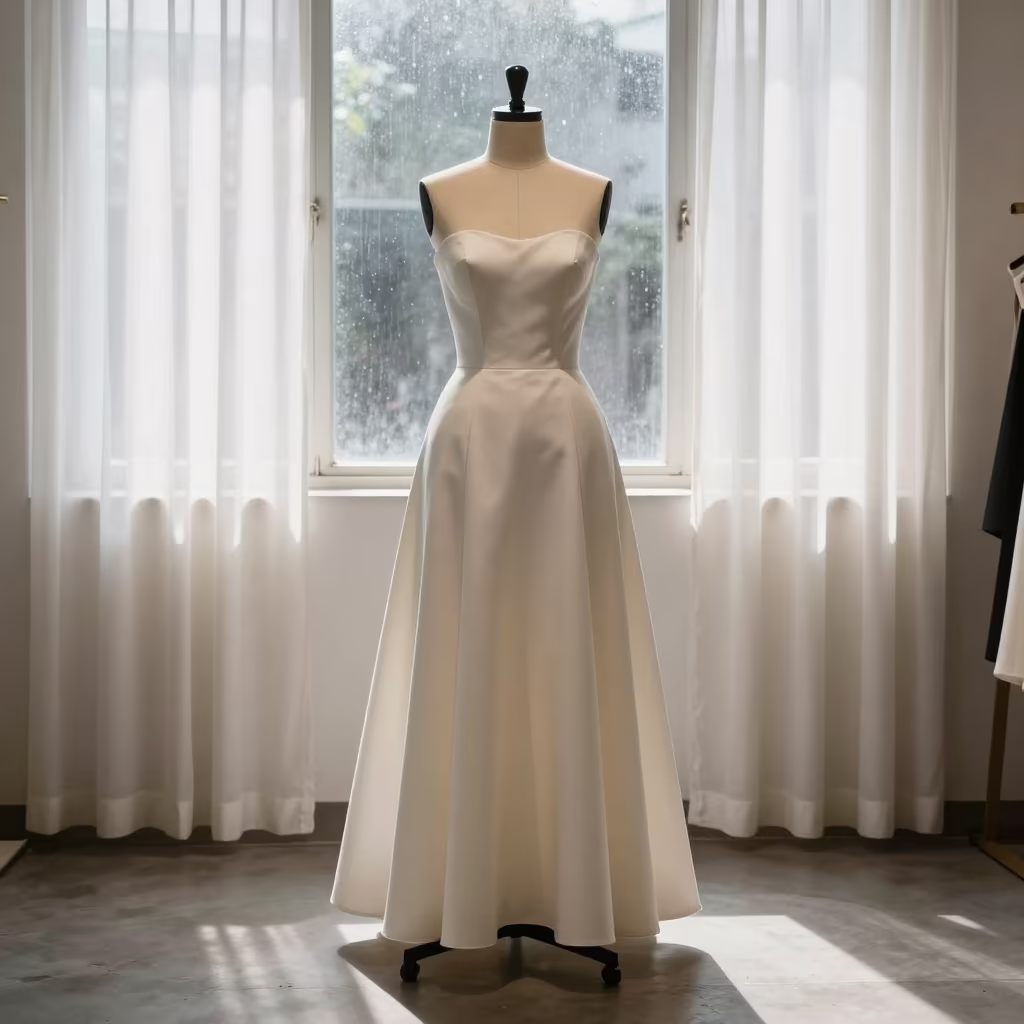 Couture Overskirt on Dress Form in Kolkata Showroom in inside a minimalist showroom in Bowbazar, Kolkata