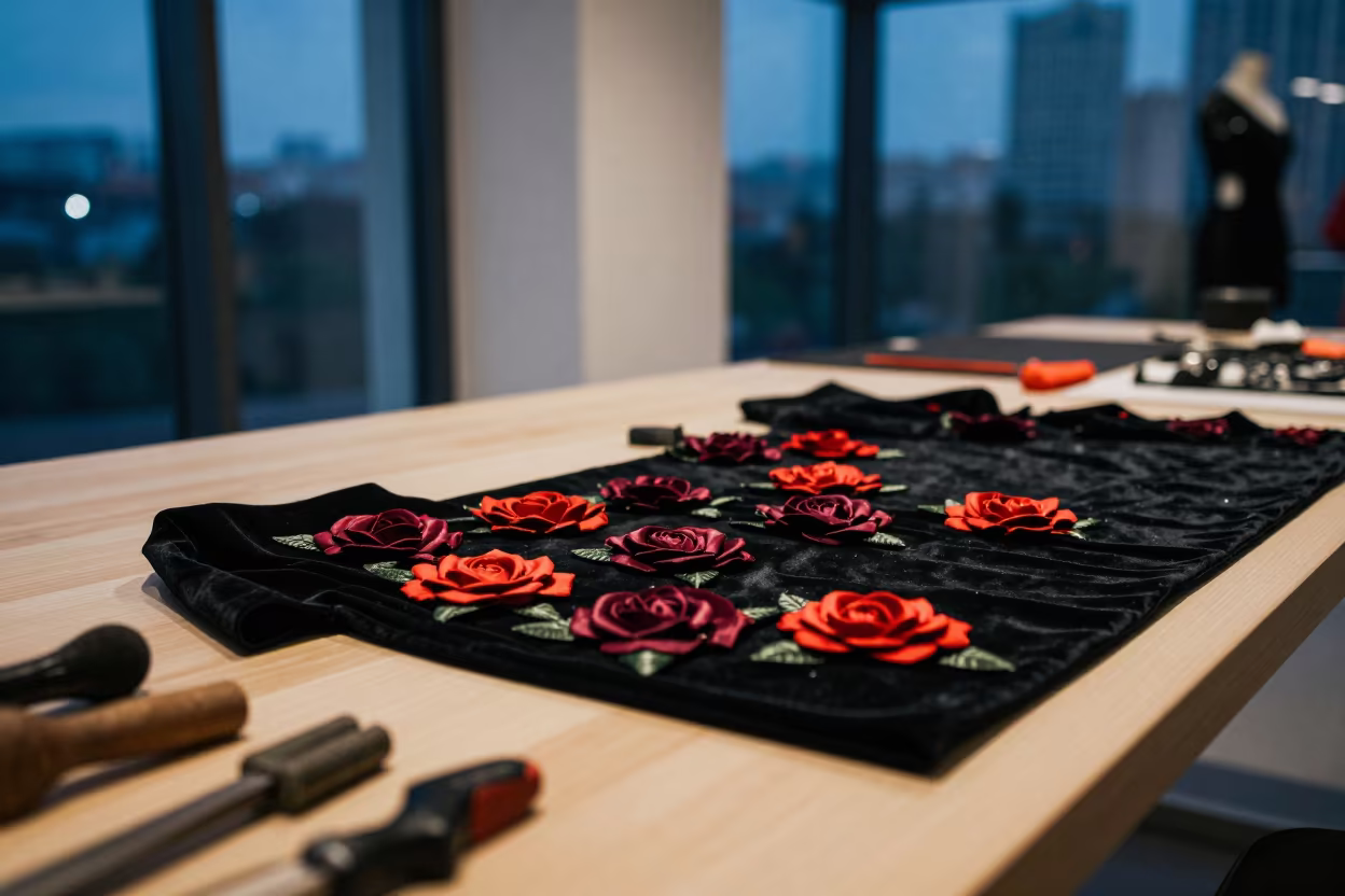 Couture Rose Appliques on Black Velvet in inside a minimalist showroom near Chengdu