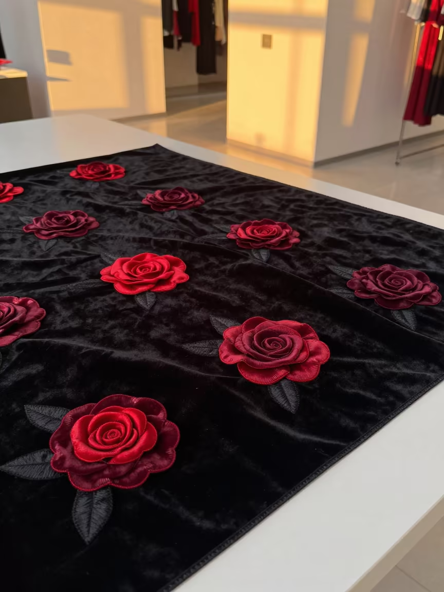 Couture Rose Appliques on Black Velvet in inside a minimalist showroom in Hermosillo