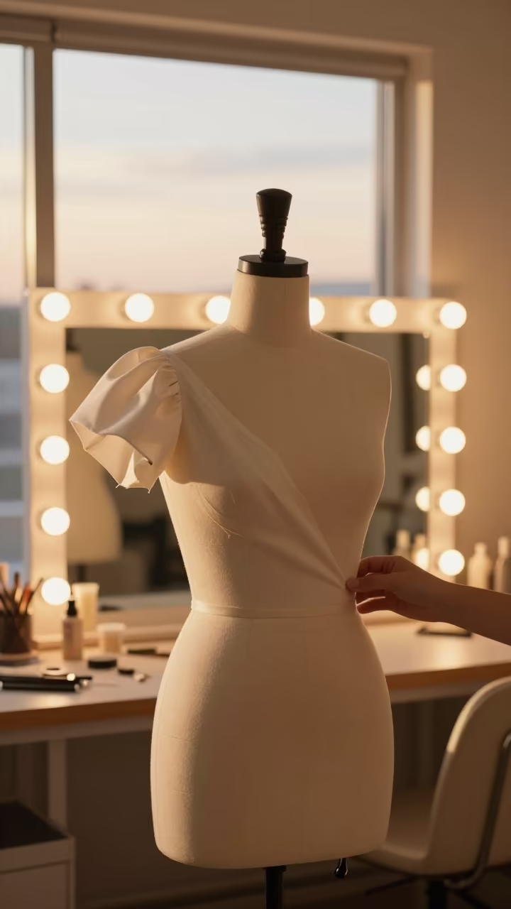 Couture Sleeve Head Set in Boise Atelier Sunset in beside a mirror lined with makeup bulbs in Boise